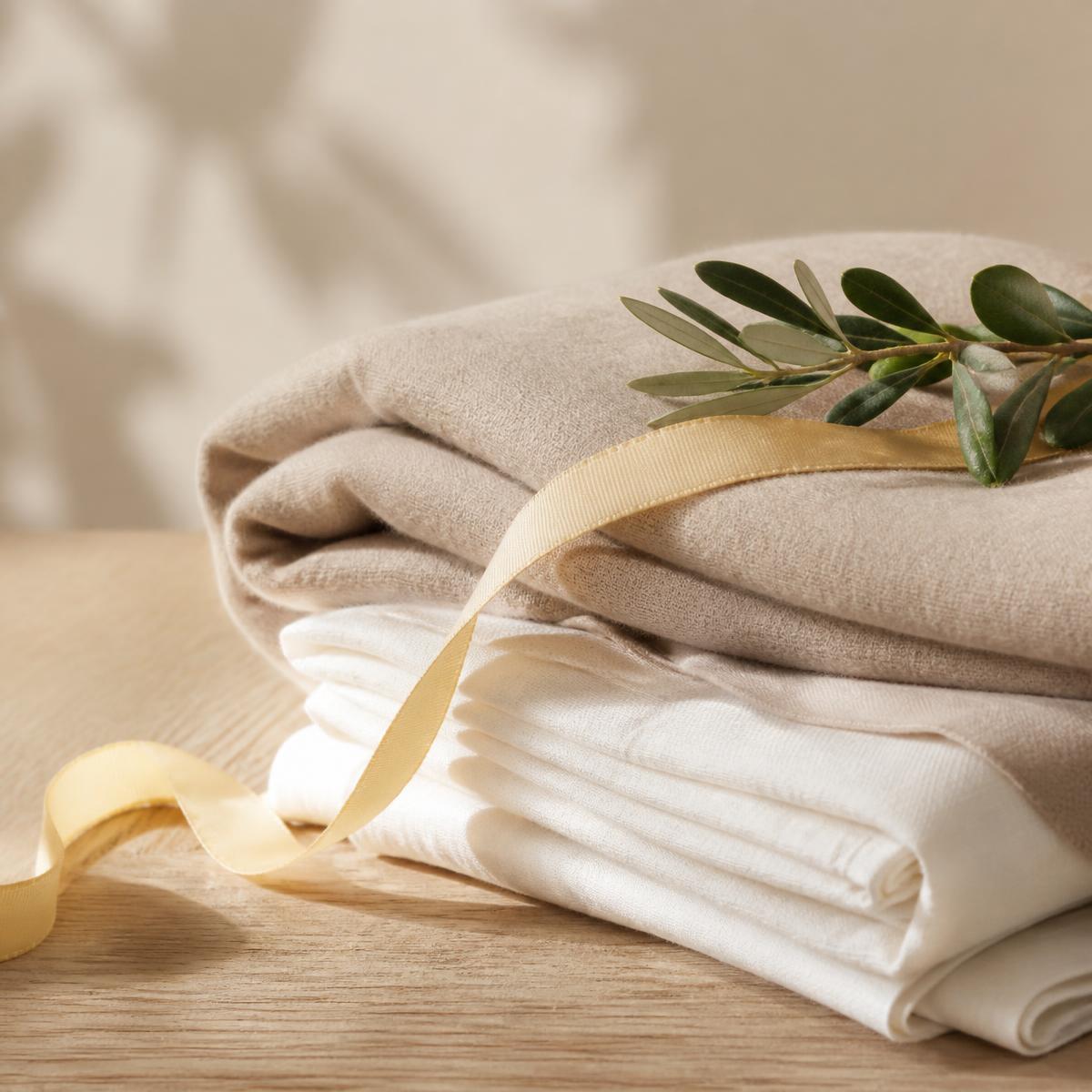 Folded cashmere and linen fabrics with an olive sprig on pale oak