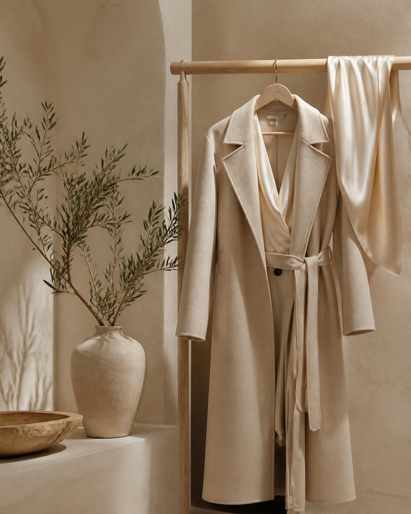 Neutral-toned coat and silk pieces on a pale oak rail in a calm boutique setting