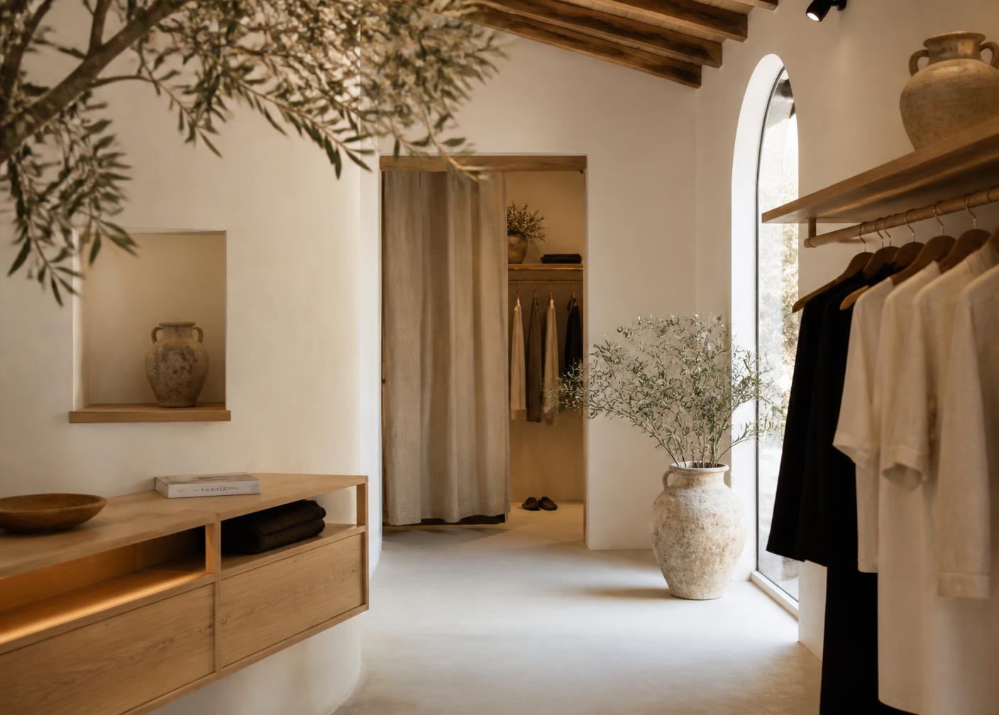 Calm boutique interior with oak fittings, linen fitting area and olive branches