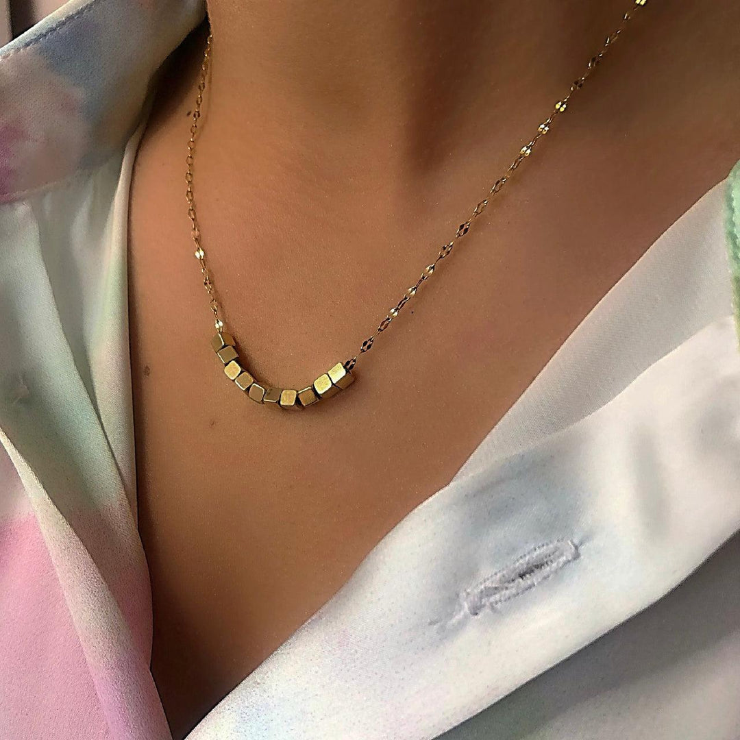 Tiny Cube Dainty Gold Necklace | Petite Geometric Jewellery UK | Solid 18K Gold and Vintage Brass